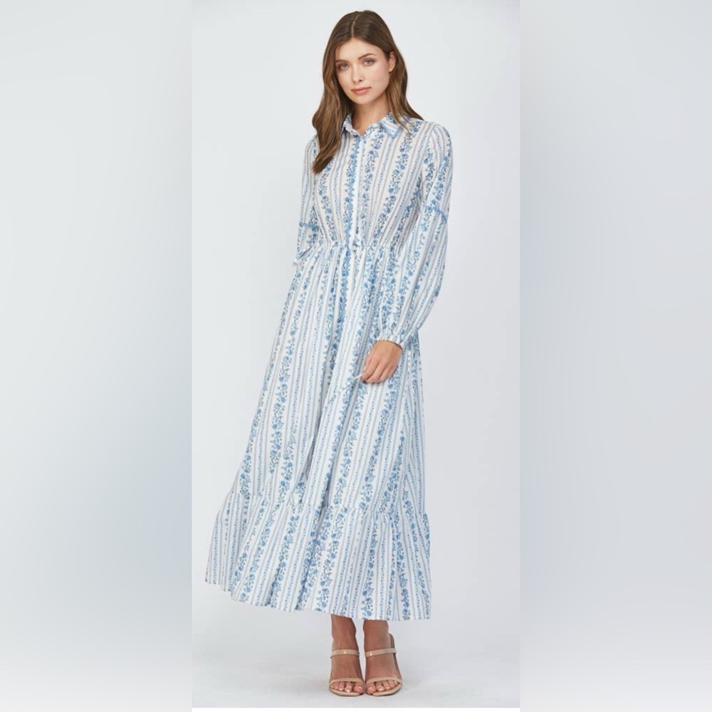 Blue and White Floral Maxi Dress Kit Lace Trim Floral Dress Medium A54